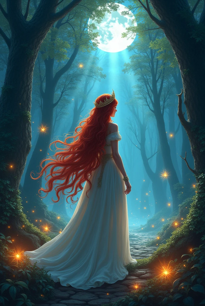 A red-haired princess arriving at a magical forest and it&#39;s nighttime, she has a crown and the forest is full of magical creatures shining.