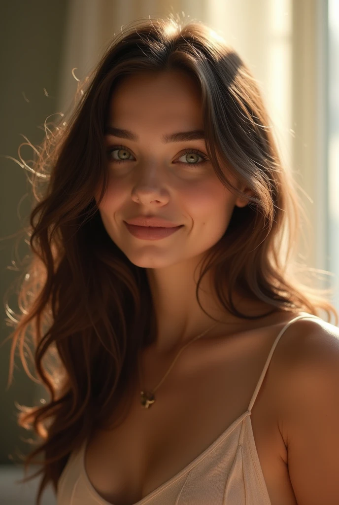 soft lighting, dreamlike ambiance, adorable smile, sparkling eyes, rosy cheeks, look into camera, (Solo 26yr old girl, little chubby, 162 cm height, weight 60 kg, long straight dark chestnut hair, chest 84 cm,  waist 66 cm, hips 95 cm, ribcage 76 cm, 75AA size breasts, European ethnic,body shape is a pear, slightly chubby face, round face form, beautiful light green colored eyes):1.5, Отблеск от линзы, Шедевр, Реалистичная анатомия, (35mm, ISO50, f/0.8L lens), dust in sunrays