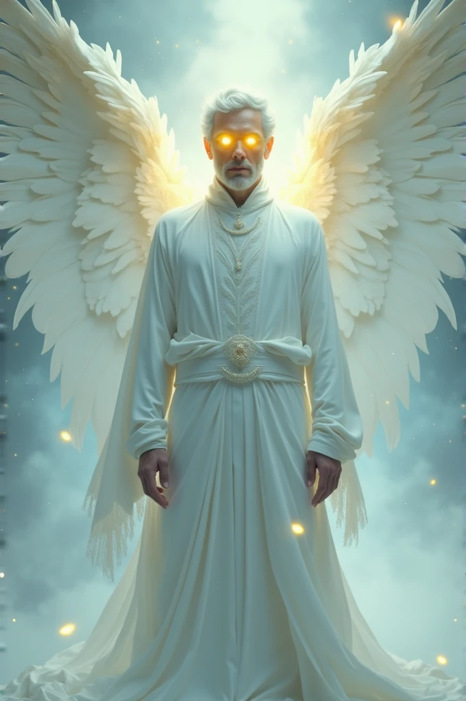 A man wearing all white with yellow star eyes
