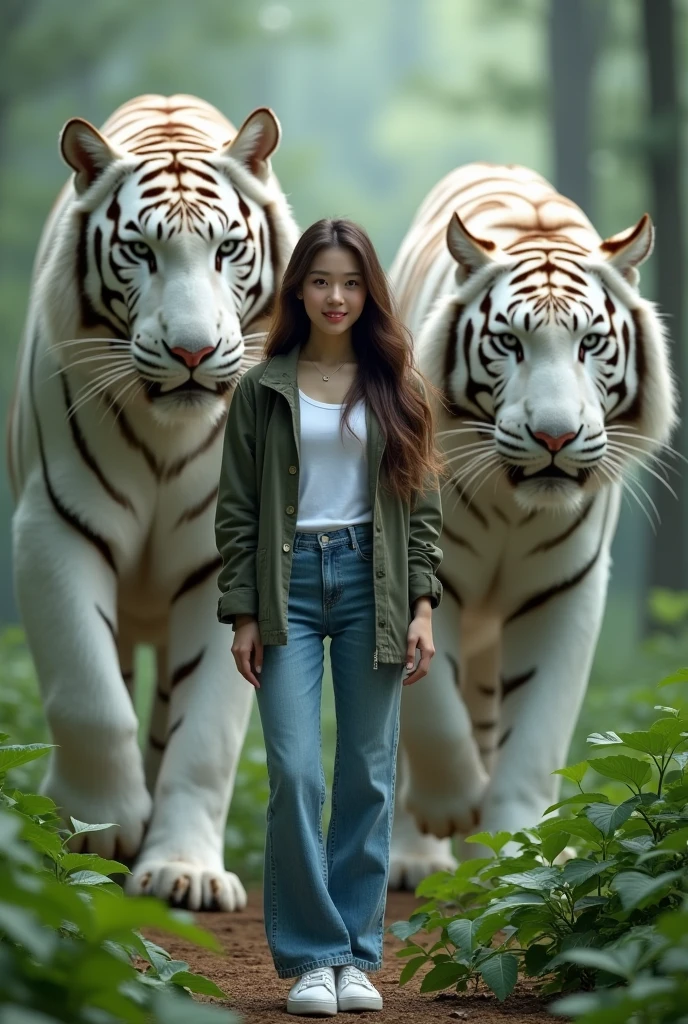 1 beautiful Korean adult woman,smile,long hair blowing in the wind.very beauty face woman,wear a t-shirt,jacket,and long jeans velana.white shoes.perfect picture. Wajah kedepan.Seeing each other giant tigers in the forest, very big white tiger, front look, facial details.
