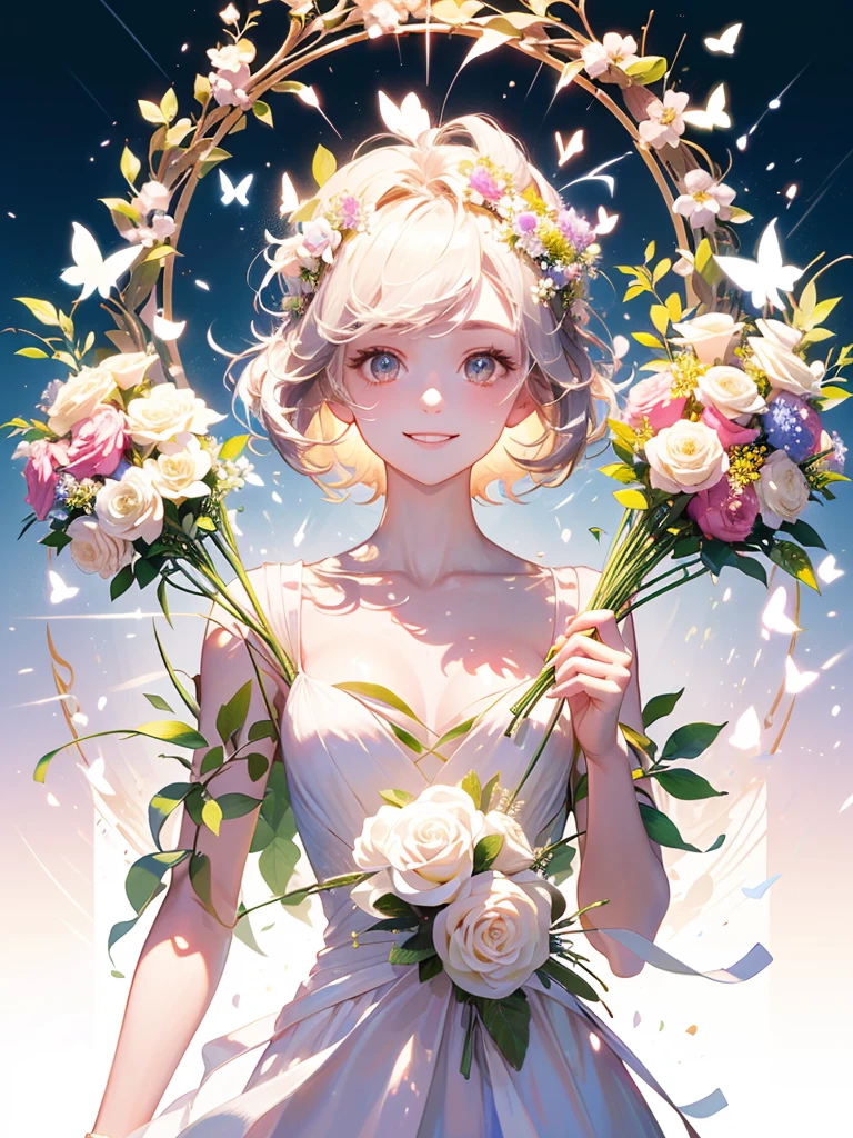 (masterpiece、Highest quality、Highest quality、Beautiful and beautiful:1.2)、(Excellent anatomy:1.5)、Milky white straight hair girl、Butterfly Fairy、Floral Costume、A radiant smile、Sparkling eyes、Looking into the camera、Flowers and leaves on the head、Holding a bouquet、Rose Garden