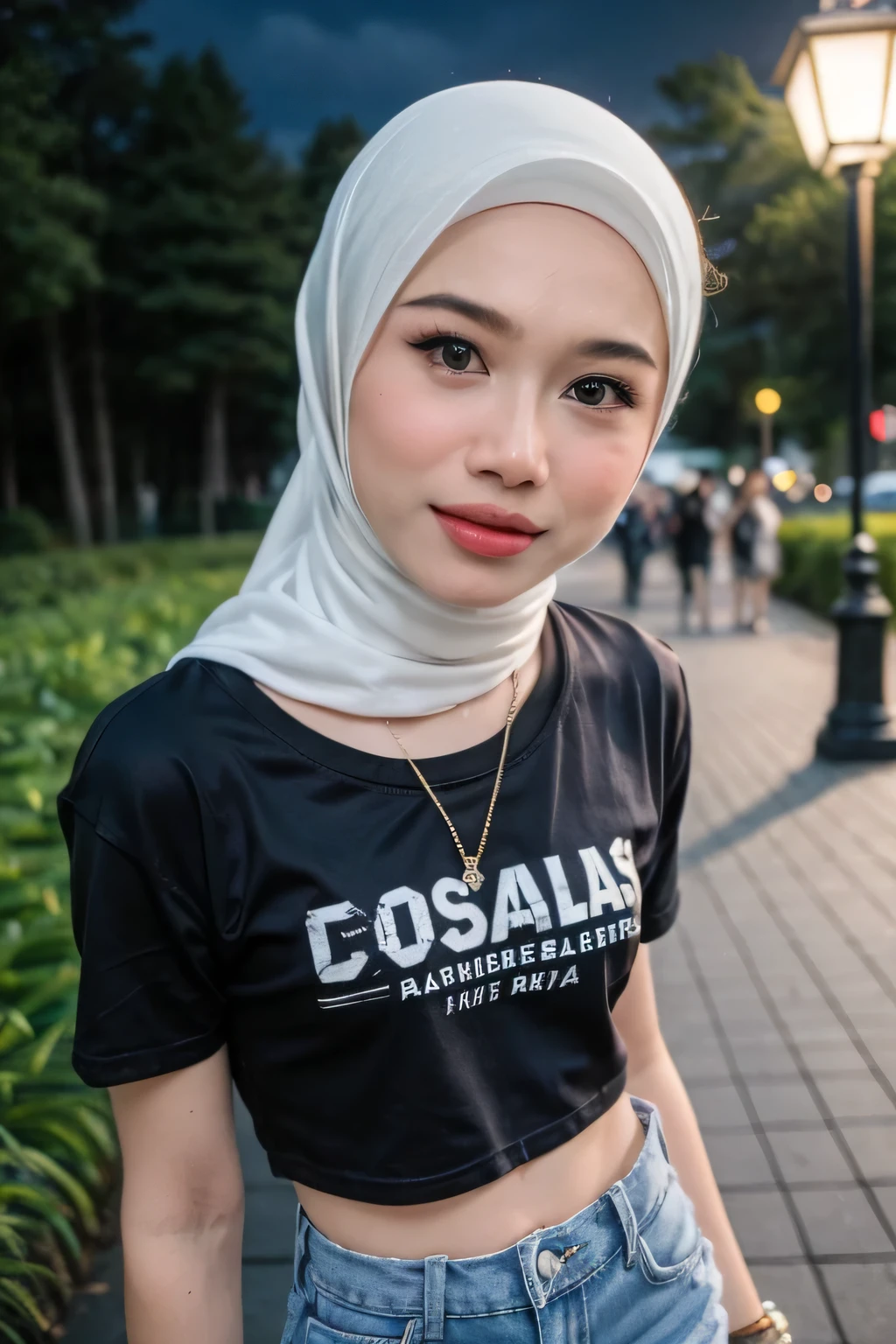 ((CROPPED TSHIRT:1.219)), HIJAB GIRL STYLISH & WEARING HOTPANTS, masutepiece, High quality, UHD 32K, Realistic face, Realistic skin feeling , A Japanese Lady, 5 matured lady, , Very cute and baby-like face, (((FLAT CHEST))), (Night time at forest), ((look In front at the camera and SADNESS)), (((CUTE GIRL))),