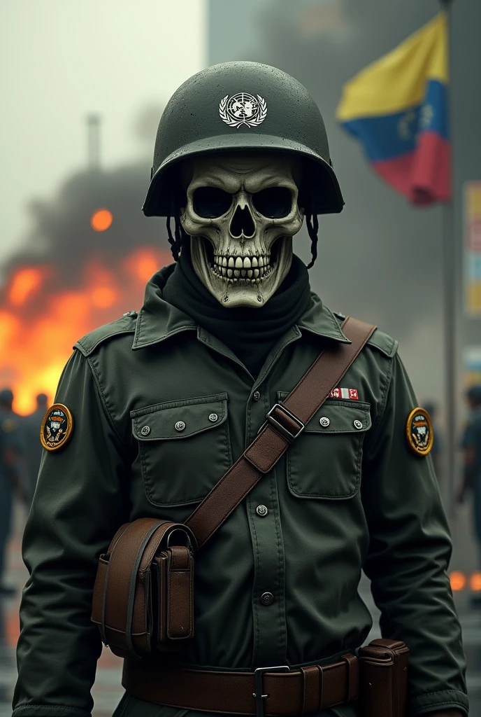 Brazilian soldier with skull mask wearing blue UN helmet and with a skull that is in the Venezuelan war with the Venezuelan flag on fire in the capital of Caracas.