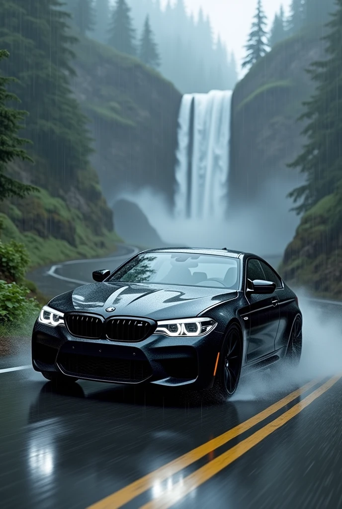  Black bmw road driving with rain back waterfall 