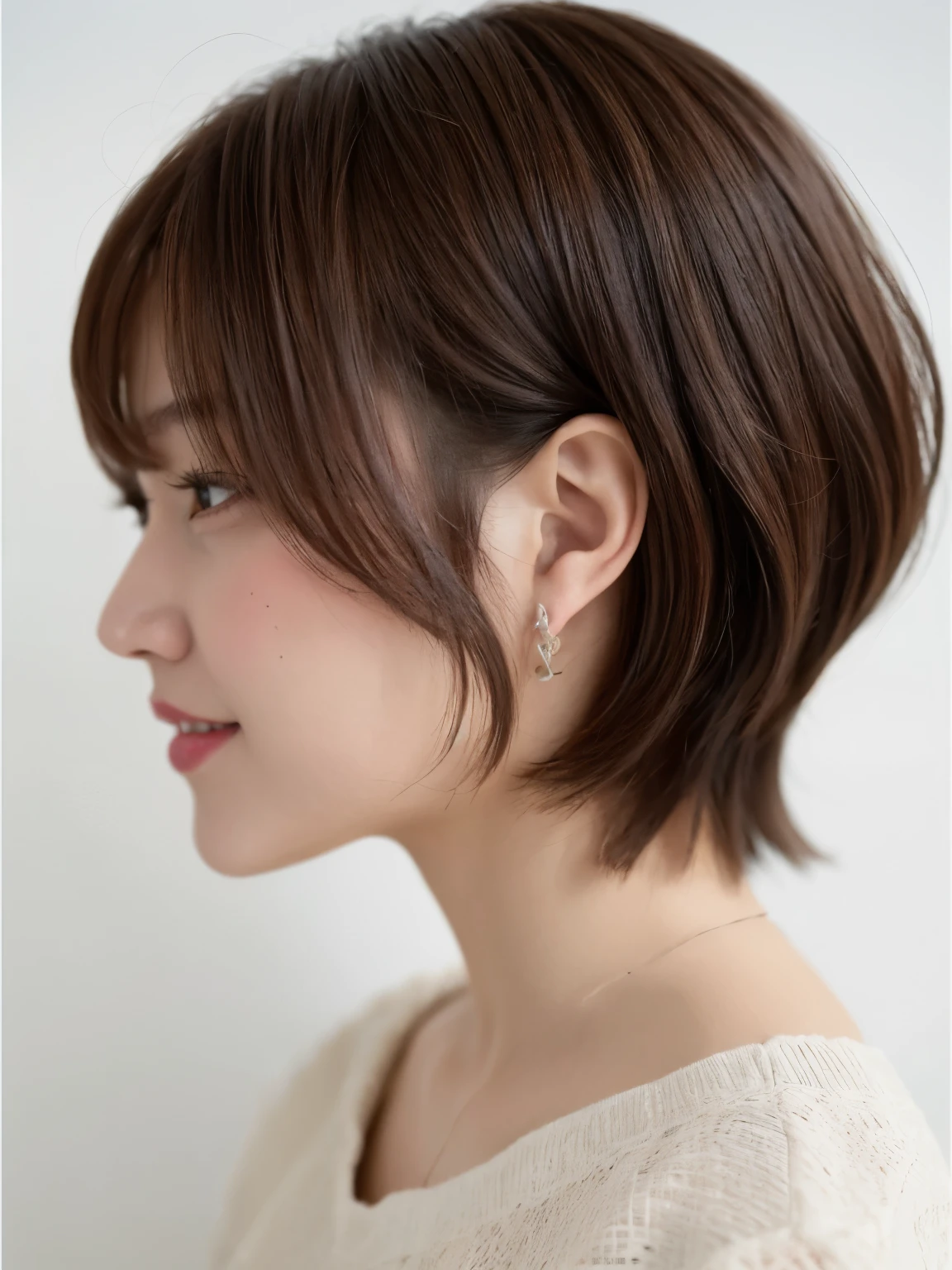 White concrete background、(8k、RAW Photos、Highest quality、masterpiece:1.2)、High-quality RAW color photos、Professional photos、(Realistic、フォトRealistic:1.37)、Photographed in natural light、1 girl、Laughter、(Various poses)、Squat、Squat、break (Ombre:1.3) 、Winter clothes、 necklace、Pastel colored clothes、(Beautiful profile:1.3)、Don't look at the camera、profile、Shortcuts、((Brown Hair)、short hair、Eye color is dark brown、(Beautiful profile:1.3)、Correct hand of human body、Simple earrings