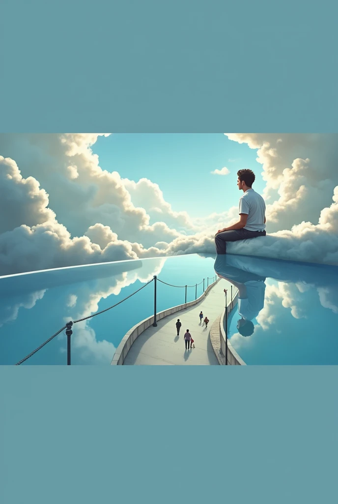 man is in heaven, sitting on a cloud that blends into a pool. He is sitting on the edge of the pool, about the cloud. From up there, he looks at the pool and sees clearly, as if it were a mirror, people walking on the sidewalks of a street below.