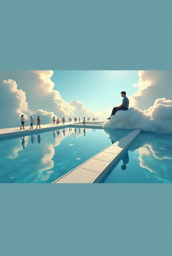 man is in heaven, sitting on a cloud that blends into a pool. He is sitting on the edge of the pool, about the cloud. From up there, he looks at the pool and sees clearly, as if it were a mirror, people walking on the sidewalks of a street below.