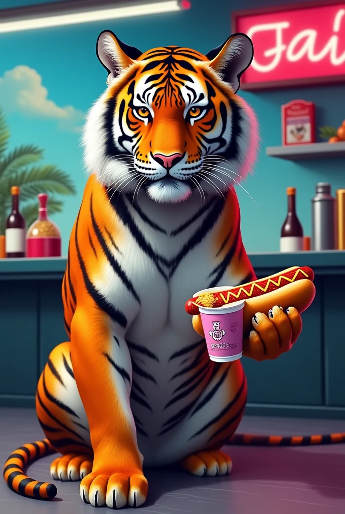 a tiger holding a hot dog in one hand and a cup of açaí in the other hand and in the background a snack bar