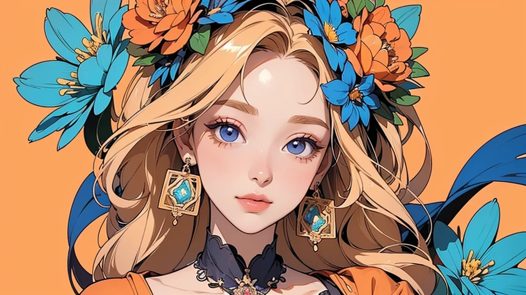32K, 最高quality, 最高masterpiece, (ultra-Detailed Background, Detailed Background), High resolution, Super detailed, Very detailedな, 1 personの, (bouquet:1.3), (Tangled:1.2), (Geometric:1.2),(colorful),(masterpiece, quality, best quality, Official Art, Beautiful and beautiful:1.2), (1 person:1.3), Very detailed,(colorful:1.1)(Flowers:1.3),Most detailed,(Tangled:1.2), whole body, (Abstract background:1.3), (Skin glows), (Many colors:1.4), ,(Earrings Jewelry:1.5), Pale Orange Background, It's imaginative., Flaxen Hair,