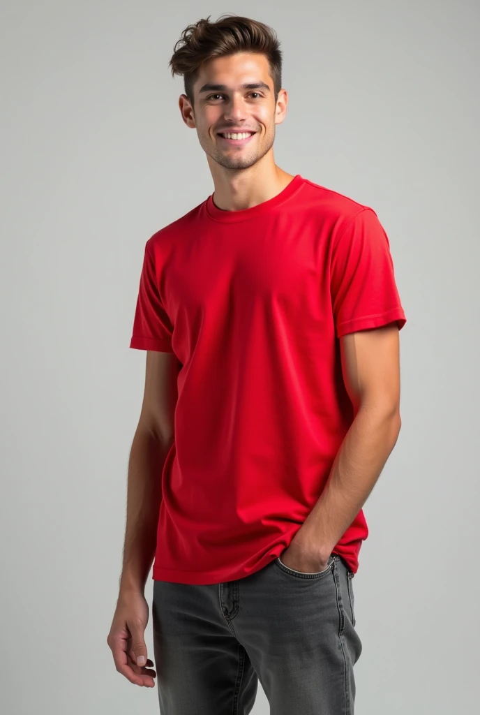 a young man standing with a red t-shirt mockup