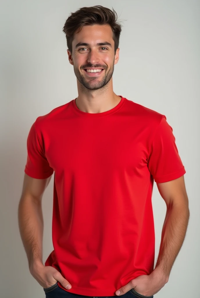 a young man standing with a red t-shirt mockup