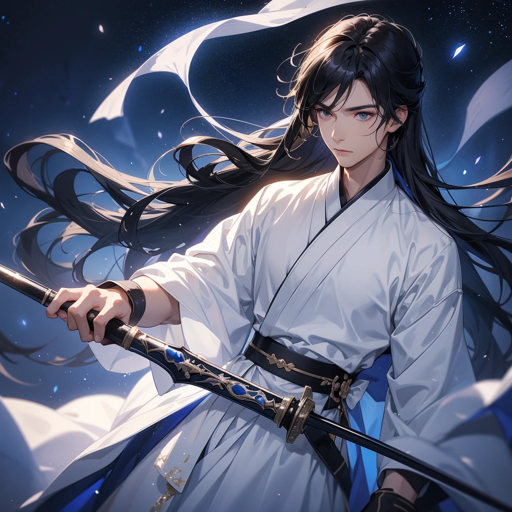 A Handsome black-hair male holding a large sword in white hanfu dress, Background is a dark night, with moonlight and millions of stars, twinkling everywhere, with blue light, close up.