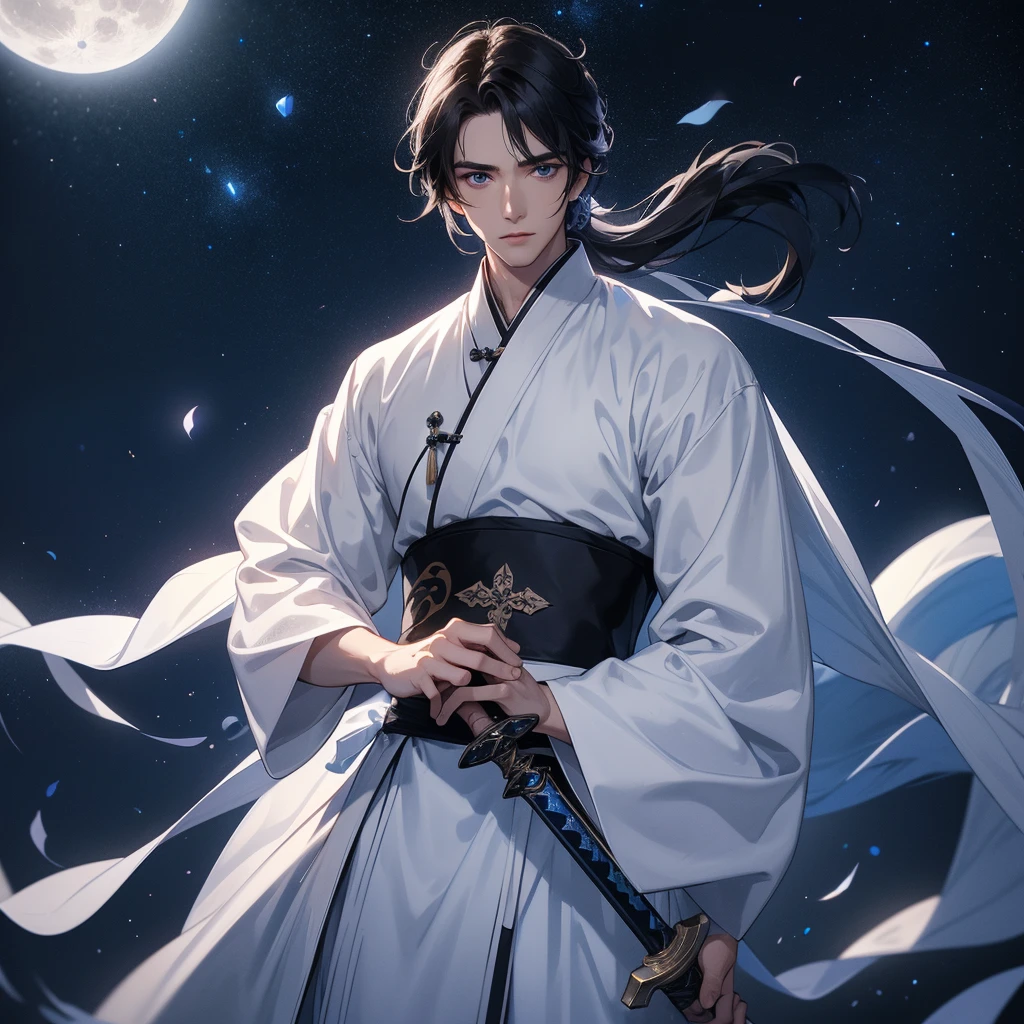 A Handsome black-hair male holding a large sword in white hanfu dress, Background is a dark night, with moonlight and millions of stars, twinkling everywhere, with blue light, close up.