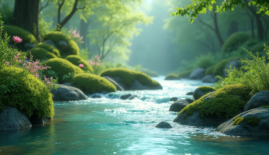 clear flowing river water and green mossy rocks, melodious chirping of birds