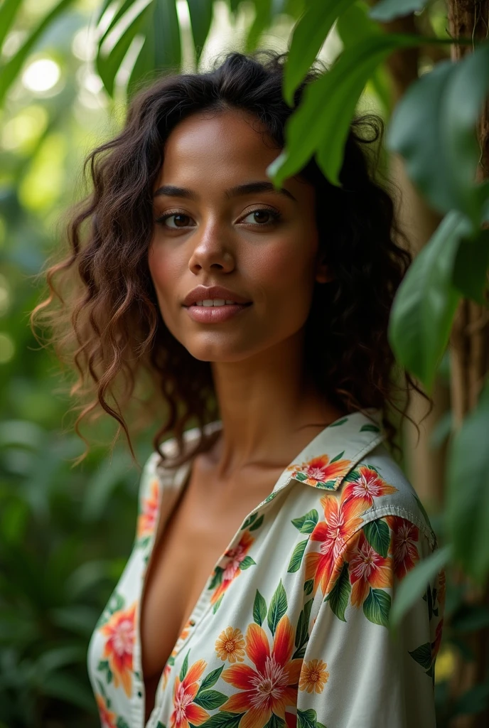 A Brazilian woman in a lush tropical garden, wearing an open shirt with a floral print, with a close-up capturing the harmonious beauty between her breasts and the natural flowers, showing off your natural charm and outgoing personality.