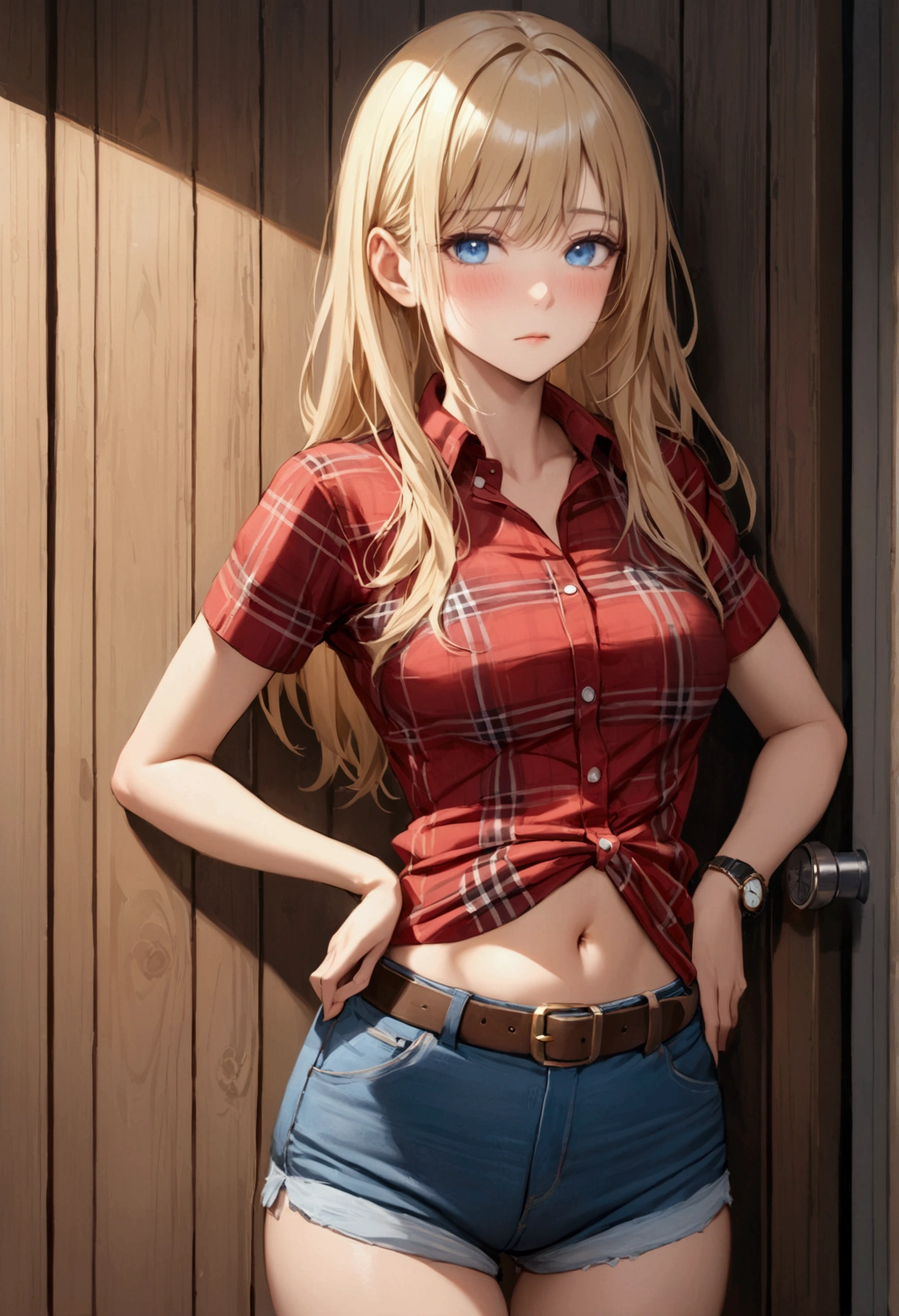 Woman with long blonde hair, blue eyes, An athletic body, Red plaid tight short sleeve collared cowgirl shirt, watch, Navel exposed, Denim hot pants, Brown belt with oval buckle, Stand up straight, Drunk,Big hiccups,In front of a wooden wall,Front view,Cowboy Shot,16K, Highest quality, masterpiece, Realistic, detailed