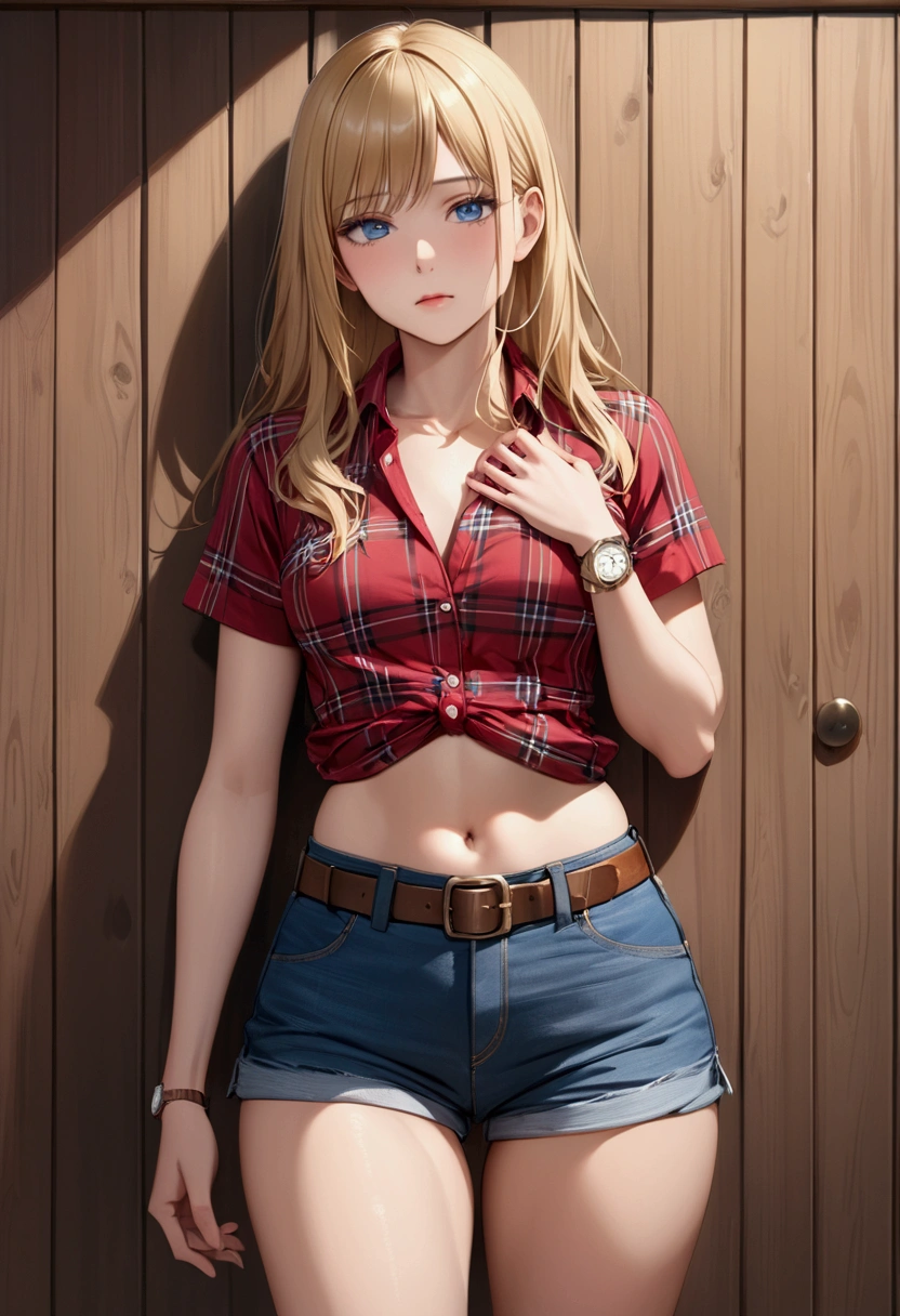 Woman with long blonde hair, blue eyes, An athletic body, Red plaid tight short sleeve collared cowgirl shirt, watch, Navel exposed, Denim hot pants, Brown belt with oval buckle, Stand up straight, Drunk,Big hiccups,In front of a wooden wall,Front view,Cowboy Shot,16K, Highest quality, masterpiece, Realistic, detailed