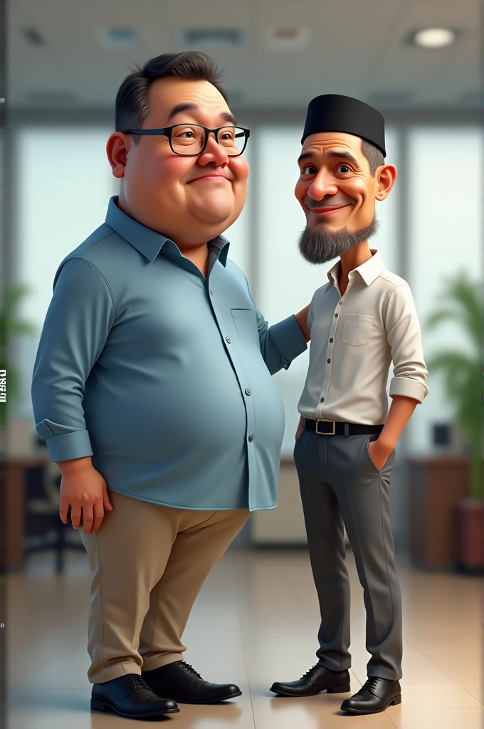 Realistic 4D caricature photo , big head, , photo of two people middle-aged man with an Indonesian face, 50 years old, clean face, round face, chubby body,wearing a black cap skull cap, wearing Long-sleeved shirt Light blue color, formal cream color trousers, formal black leather shoes, standing pose facing forward, Background in the office