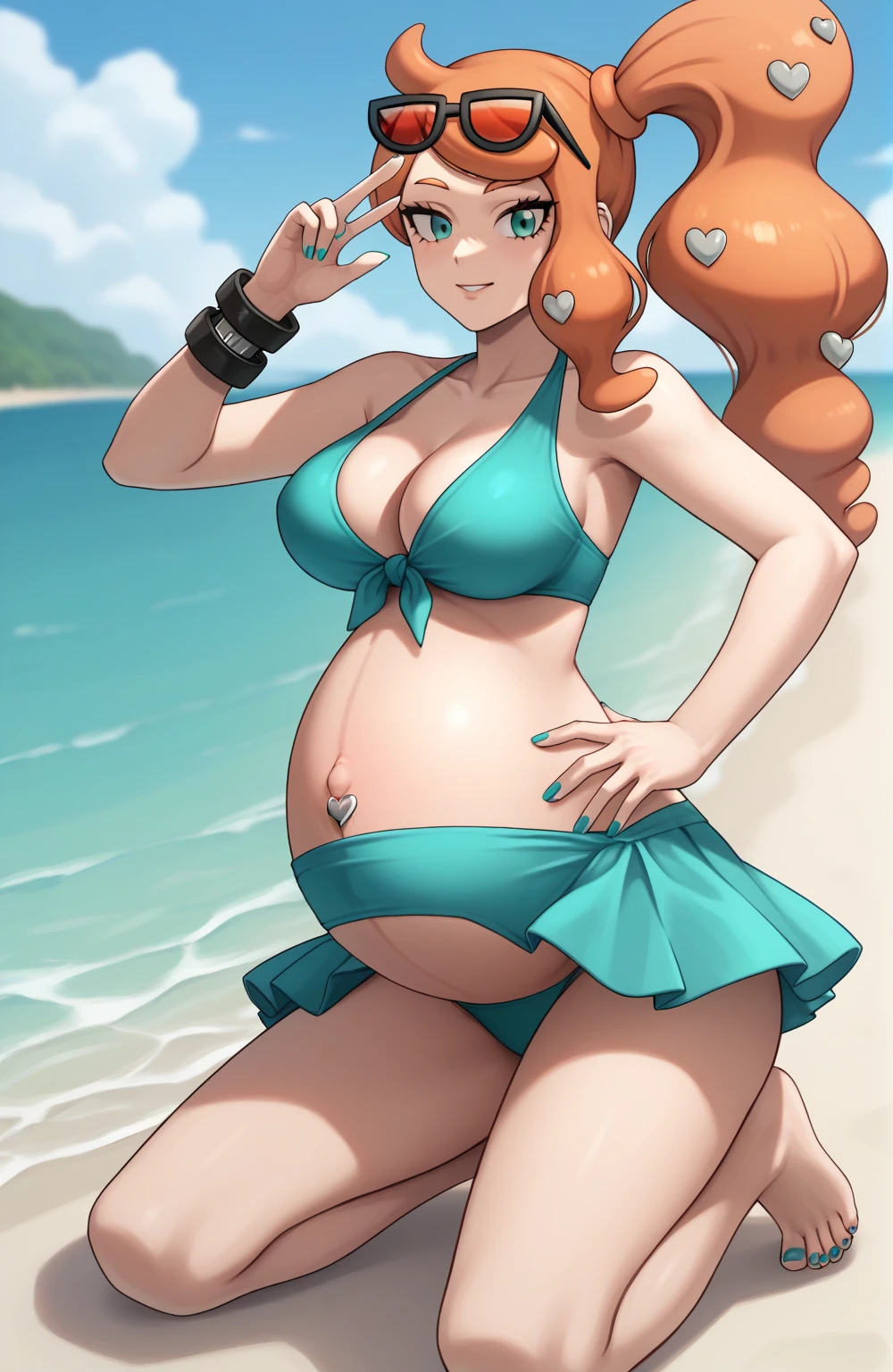 score_9, score_7_up BREAK solo,EPpkSonia,orange hair, side ponytail, aqua eyes, long hair, eyewear on head, sunglasses, heart hair ornament, aqua bikini, pregnant, big belly, Belly button piercing, cleavage, bracelet, collarbone, panties, nail polish, aqua nails, aqua toenails, beach, belly rub, Hawaii skirt