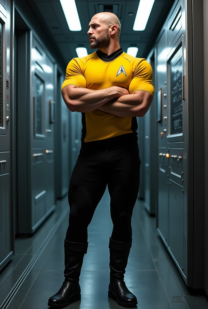 (Stable diffusion), A male Swedish bodybuilder, with almost impossibly massive muscles, with biceps almost as big as his head, and almost as wide as he is tall, shaved head, and short stubble 5 o’clock shadow, wearing a yellow starfleet uniform with black pants and black leather boots in a corridor of a starship. He is looking stoic and strong with arms folded.