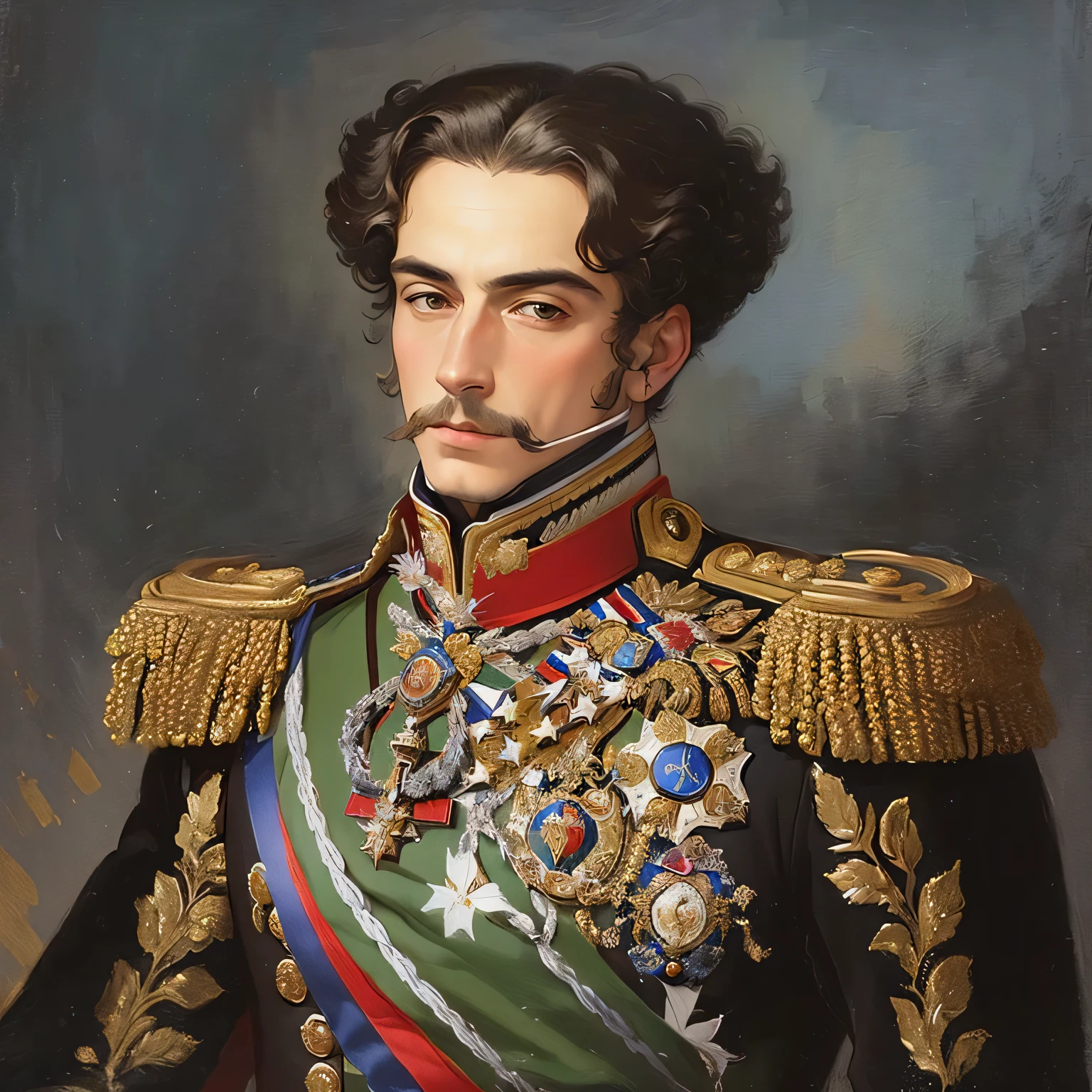 A painting of a man in military uniform with a medal, Grand Emperor of the Russian Empire, Majesty in noble clothes, French Emperor, Biedermeier, royal portrait painting, Portrait of a Victorian era duke, luis ricardo falero, inspired by Pedro Álvarez Castelló, Portrait of a Victorian Duke, royal portrait, historical portrait, by Francisco da Holanda