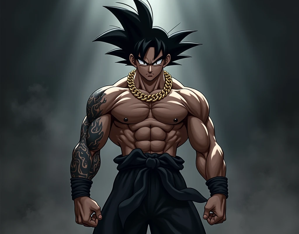 goku black, wearing no shirt, with a tattoo on his left arm and a gold chain around his neck