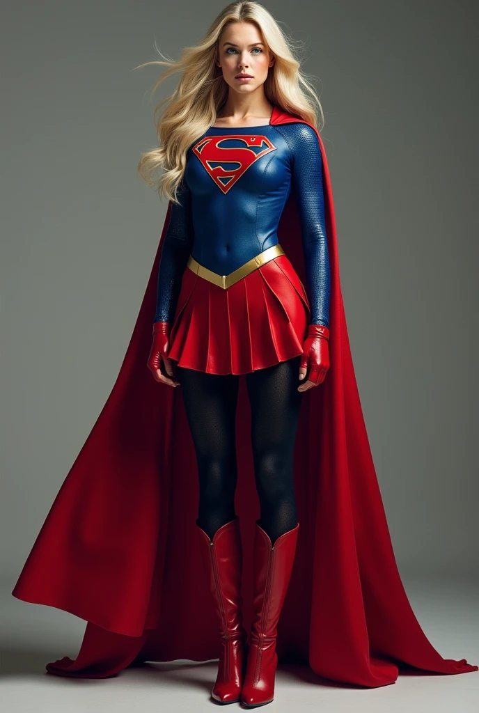 supergirl, full blue body suit, long blonde hair, red elbow gloves, red gauntlets, black tights, red boots, red skirt, gold belt, really long red cape, standing, looking straight, full image from head and legs, realistic, bdsm, bondage, bound, arms tied using chains