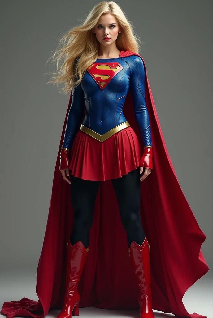 supergirl, full blue body suit, long blonde hair, red elbow gloves, red gauntlets, black tights, red boots, red skirt, gold belt, really long red cape, standing, looking straight, full image from head and legs, realistic, bdsm, bondage, bound, arms tied using chains