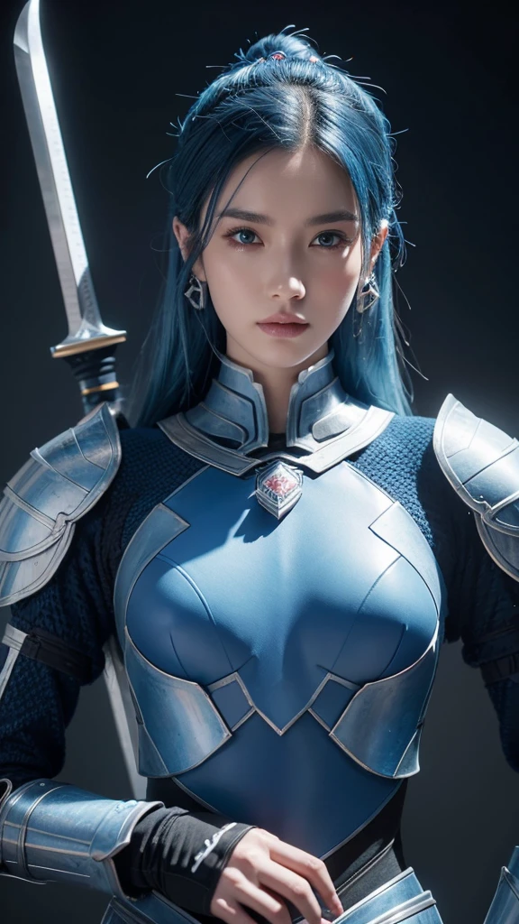 Wanlenbob、Blue Hair、Ear piercing、Blue Eyes、Blue armor with geometric patterns、Big Sword、Summit、cumulonimbus、Dragon、Well-balanced arrangement High resolution, masterpiece, Anatomically correct, 最高quality, High detail, High-resolution model, quality, 高quality, Very detailed, Retina, Ultra high definition, Textured skin, accurate, 8k octane, C4D,