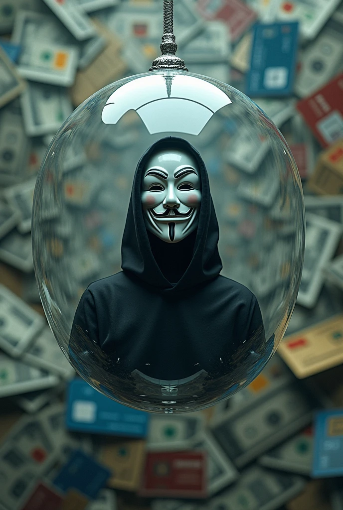 person wearing Anonymous mask in a floating bubble with silver cord and background full of credit cards and money