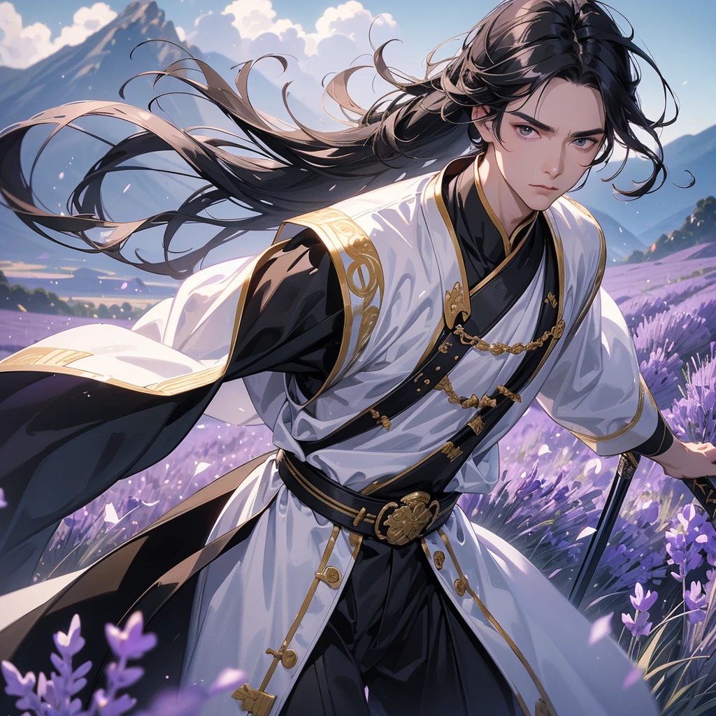 Handsome black-haired male general holding a large sword in white-black ancient Chinese general costume, walking In the middle of lavender fields , Surrounded by lavender fields, purple, with green mountains in the background, low clouds, close up.
