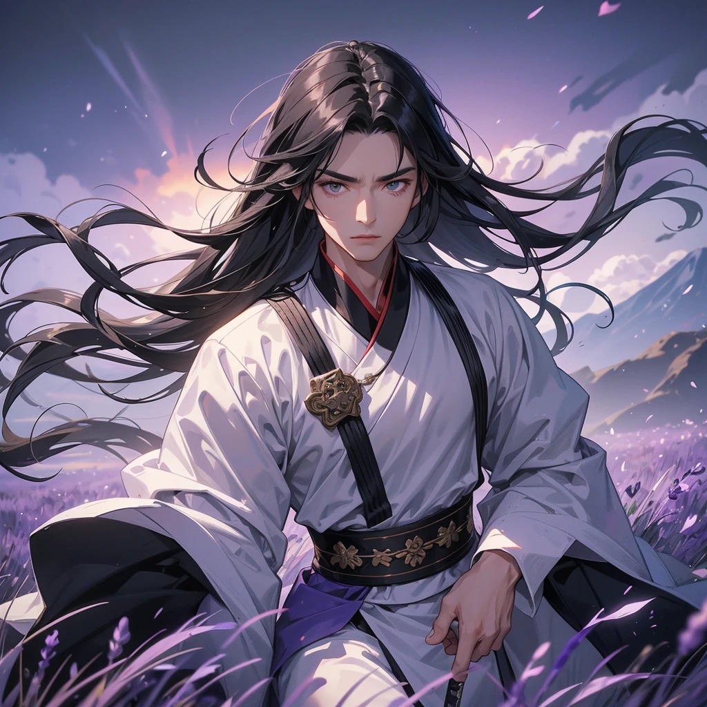 Handsome black-haired male general holding a large sword in white-black ancient Chinese general costume, walking In the middle of lavender fields , Surrounded by lavender fields, purple, with green mountains in the background, low clouds, close up.