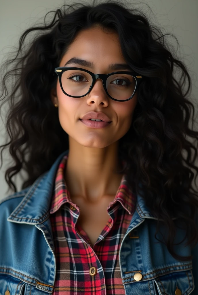 A Brazilian woman with a plaid shirt and denim jacket, long curly black hair, glasses