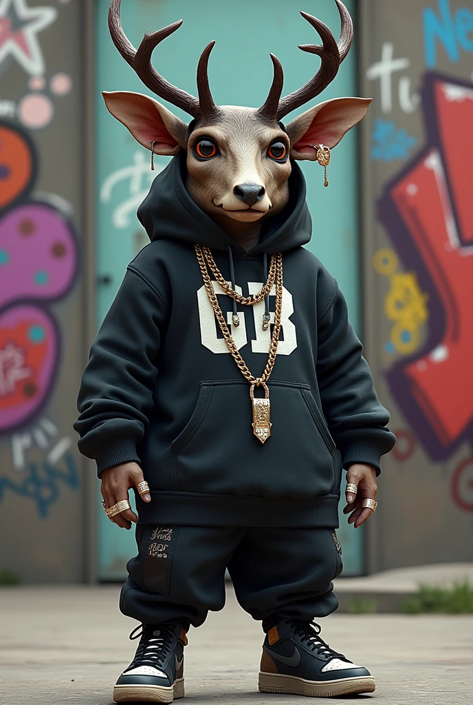 A unique, anthropomorphic figure, whit agressive buck face, whit four ears, two big spike buck horns on is head, a streetwear hoodie style, whit GB in Gothic letters. The figure is adorned with gold chains in is neck,and diamond rings in the finguers, and a pair of nike sneakers. It stands in front of a graffiti-covered wall, with various symbols and words painted.The ground appears to be a concrete skatepark ground