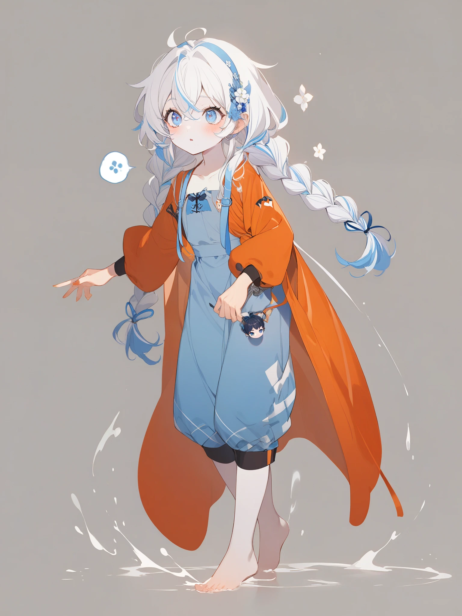 1 Girl, Orange sleeves, White hair, White skin, Light blue hair accessories, Blue suspenders, Blue clothes, Light blue eyes, barefoot, Double braid