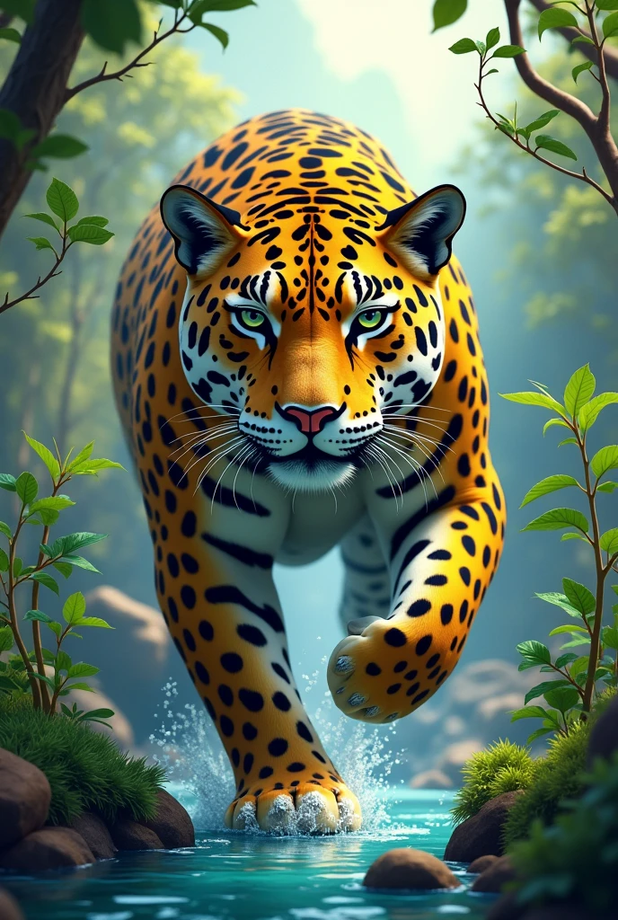 Create a sustainability-themed mascot, with a Jaguar coming out of an ecological world 