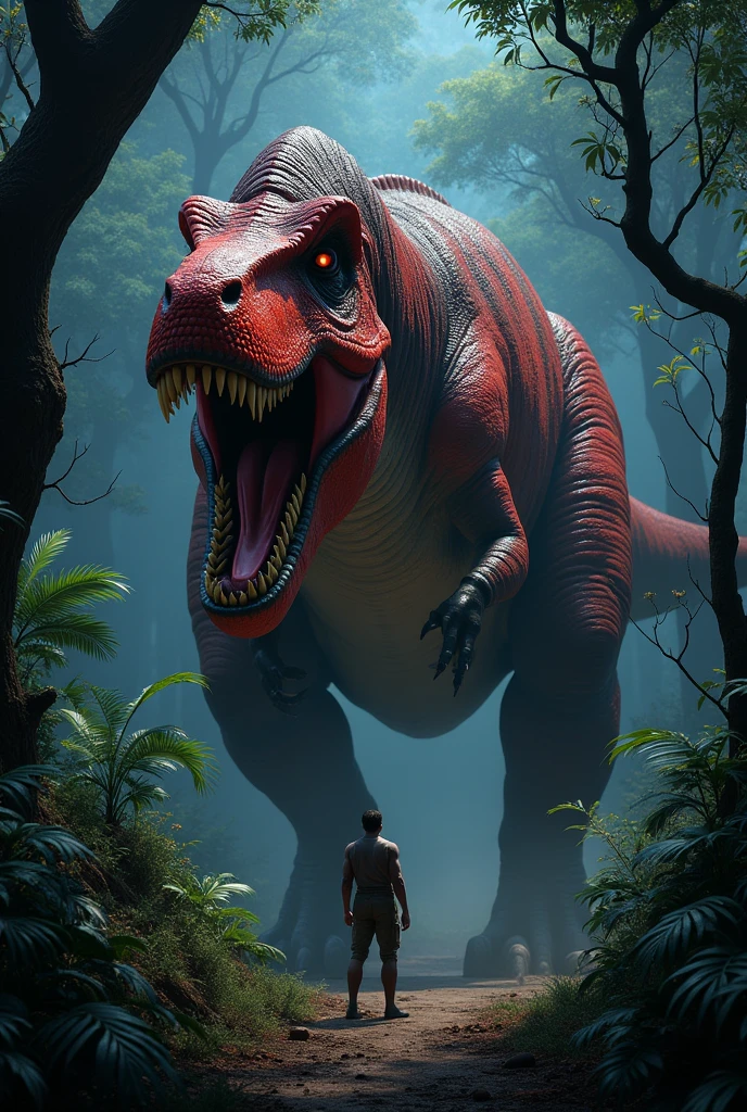 Red Tyrannosaurus Rex with black stripes in the African forest at night in front of a hunter  