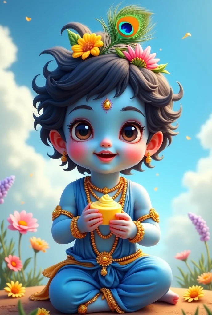 Krishna bhagvaan cute with peacock pankh in skyblue color with maakhan eating beautiful krishna ji