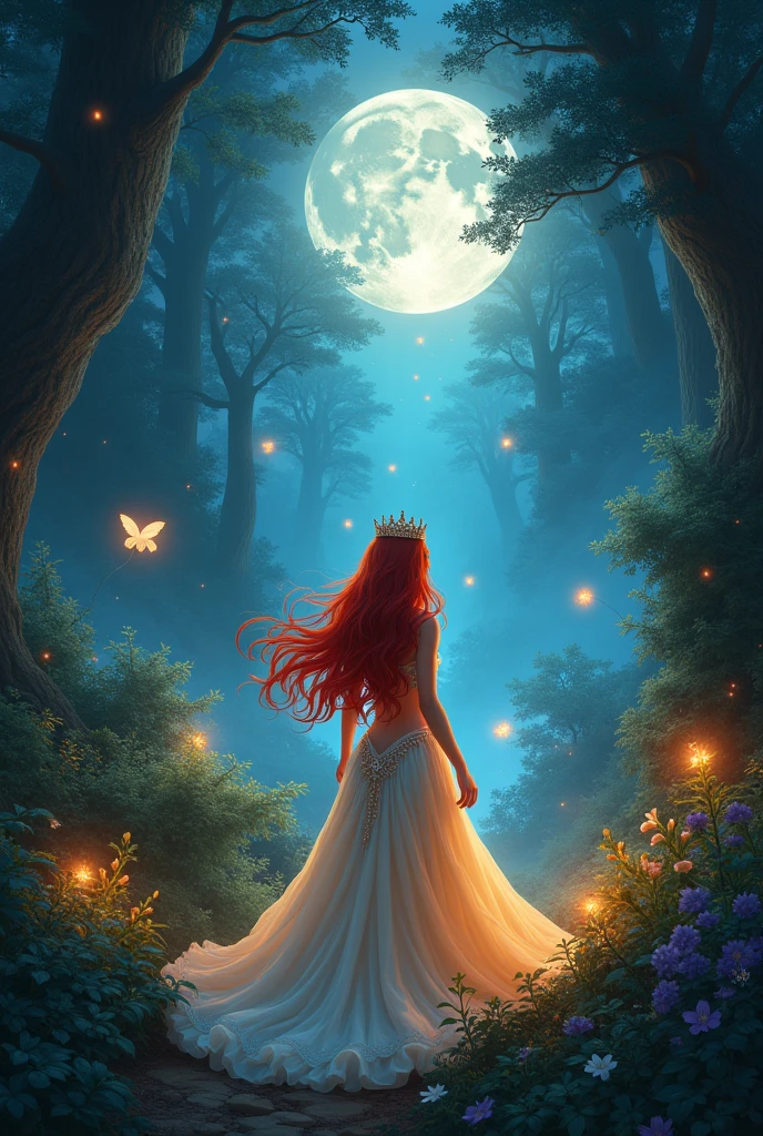 A red-haired princess arriving at a magical forest and it's nighttime, she has a crown and the forest is full of magical creatures shining.