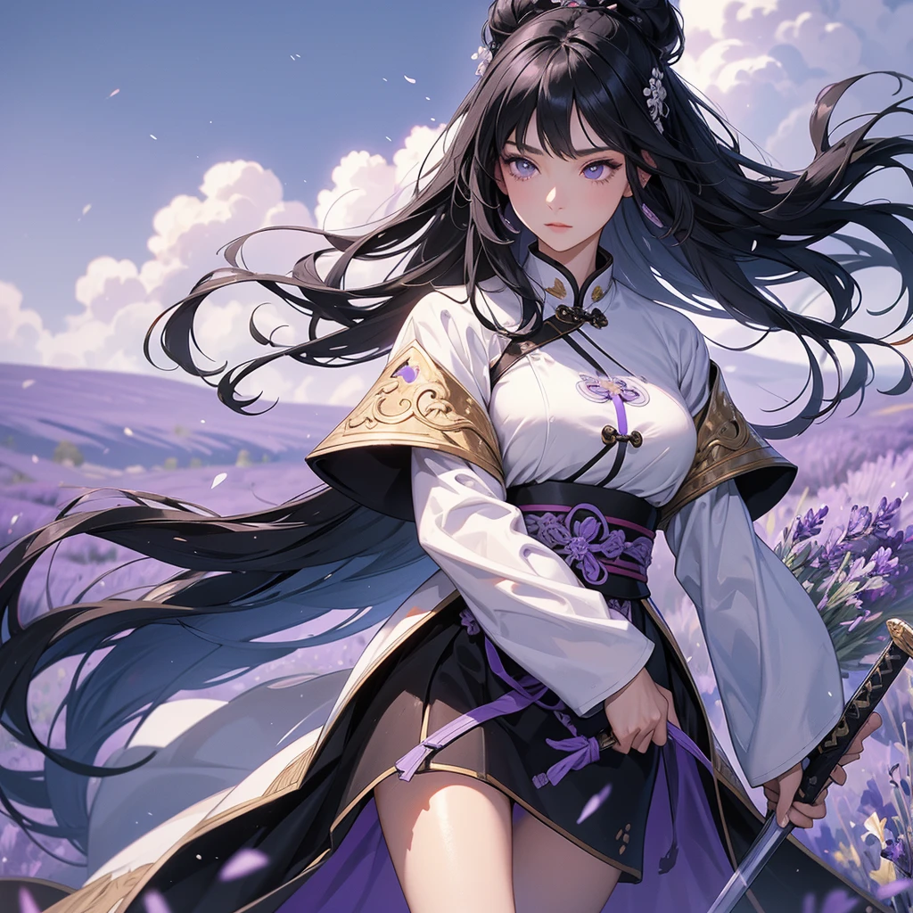 beautiful woman black-haired general holding a large sword in white ancient Chinese general costume, walking In the middle of lavender fields , Surrounded by lavender fields, purple, with green mountains in the background, low clouds, the sun is about to set, close up.