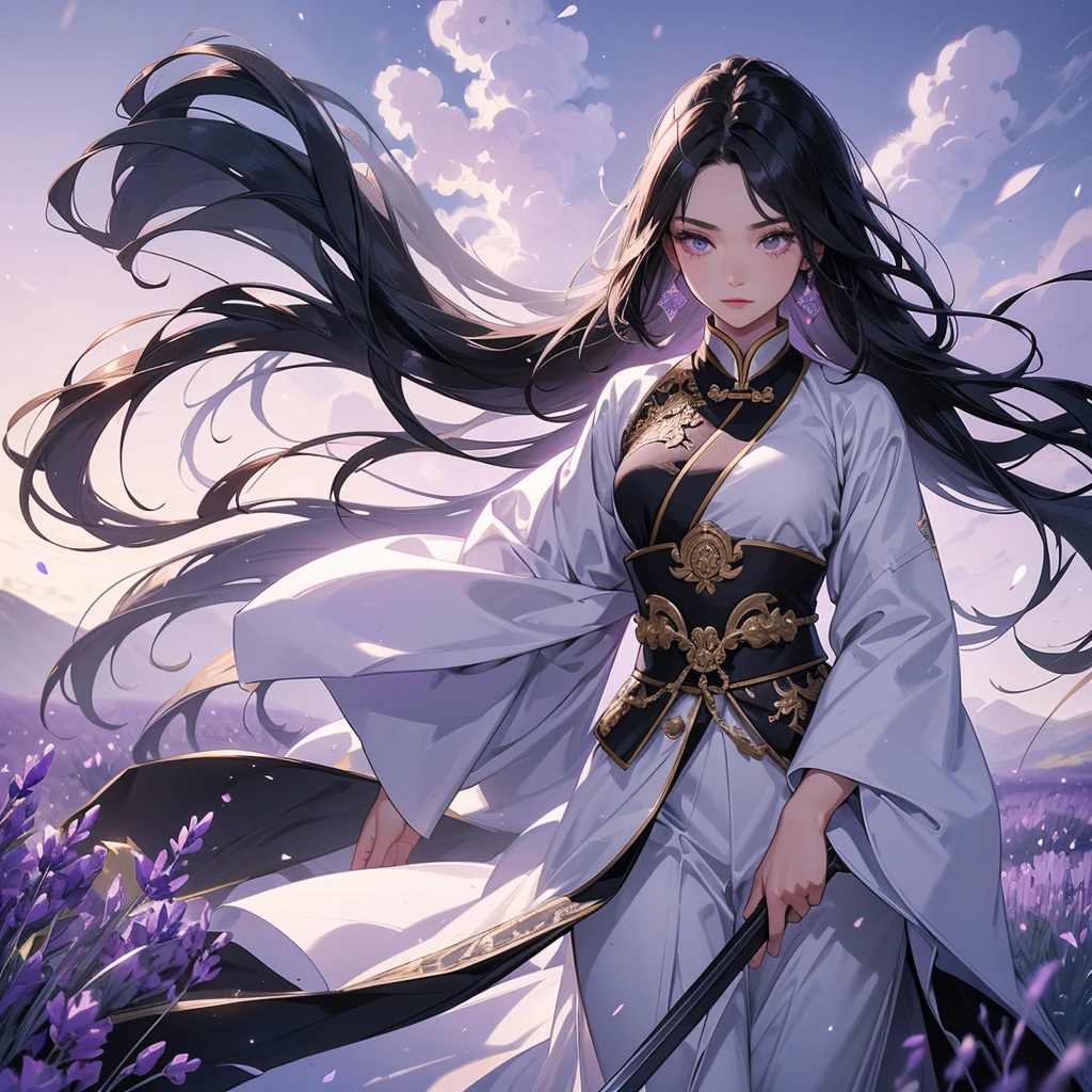 beautiful woman black-haired general holding a large sword in white-black ancient Chinese general costume, walking In the middle of lavender fields , Surrounded by lavender fields, purple, low clouds, close up.