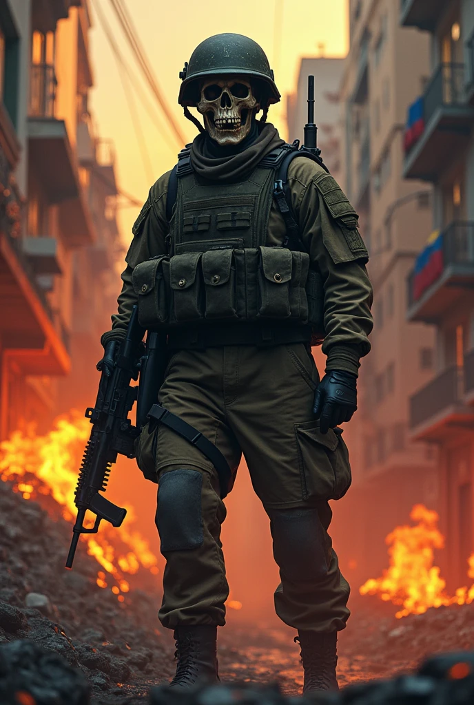 Brazilian soldier with skull mask wearing UN helmet and with a skull that is in the Venezuelan war with the Venezuelan flag on fire in the capital of Caracas.