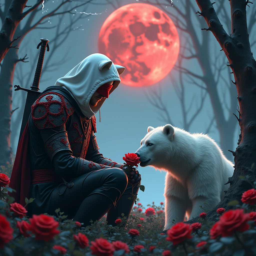Male knight with a white hood with bear ears with sword behind his back sits towards a polar bear in a forest while the moon shines, many Roses cover the ground and lightning falls from the sky. The polar bear sleeps in front of the knight. Only the man wears a red blindfold. In the background of the picture is the blood moon. The forest is full of trees with leaves. The armor of the man is black and red roses decorate it. The knight smells on a rose.