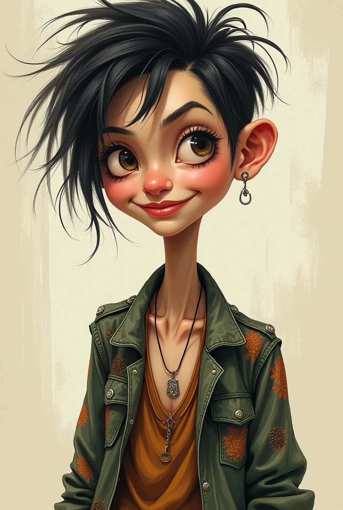 make ,a realistic full body shot,exagerrated ,caricature ,of skinny indonesian punk, looking at the viewer,with nice smile,This masterpiece captures the essence of the era, radiating nostalgia and vintage charm.,simple background.high detail