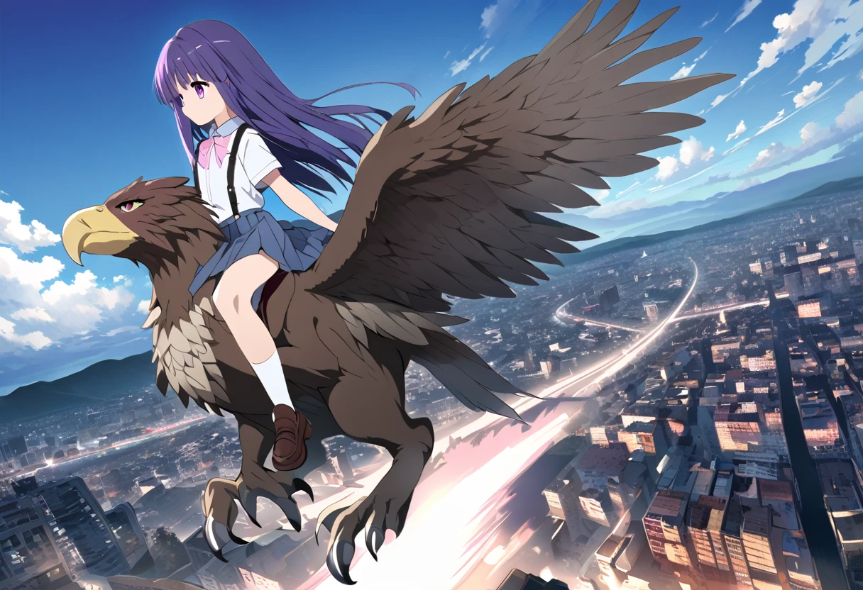 (griffin), ((Riding Griffin)), (Rika Furude), woman, alone, Long Hair, Blue Hair, Purple eyes, school uniform, Pink ribbon, Collared shirt, Pleated skirt, suspenders, Flat Chest, full body、, Overlooking the city