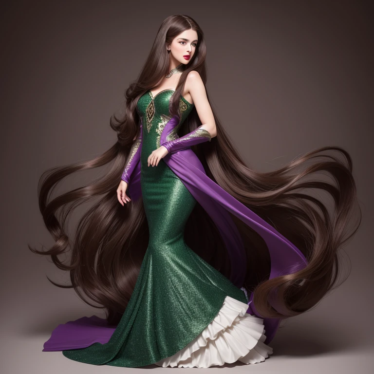 perfect face, red lips, green eyes,long dark brown hair with very long dark brown hair, super long dark brown hair with very super long dark brown hair, large hair, huge hair, woman wearing purple waisted mermaid dress,full body costume,realisian miniature model, render style , realisian proportions, good proportions 