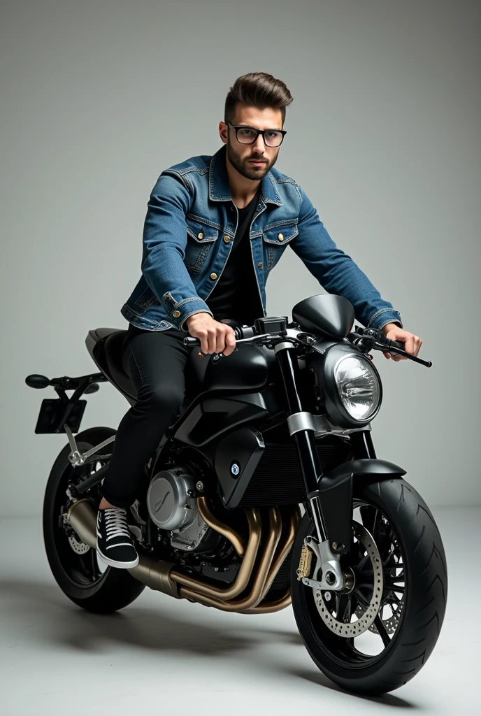 A 1 boy wearing a denim jacket and black jeans with a set beard and black glasses riding a BMWs1000R r bike and wearing nice sneakers with attractive pose