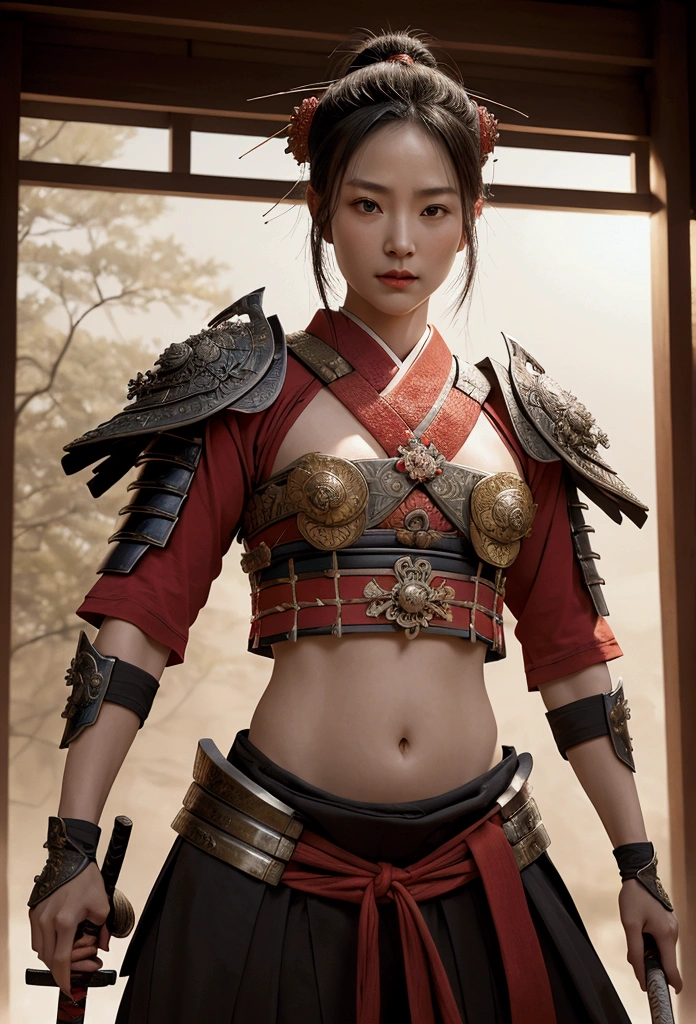 a beautiful samurai woman,45 years-old,crop top showing navel,expose belly,holding a Japanese katana sword,wearing a traditional Japanese samurai hat,detailed facial features,intricate armor,ancient Japanese architecture background,cinematic lighting,highly detailed,photorealistic,8k,dramatic pose,vibrant colors,strong chiaroscuro,mystical atmosphere