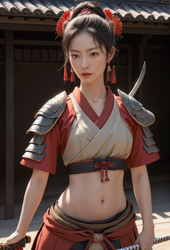 a beautiful samurai woman,45 years-old,crop top showing navel,expose belly,holding a Japanese katana sword,wearing a traditional Japanese samurai hat,detailed facial features,intricate armor,ancient Japanese architecture background,cinematic lighting,highly detailed,photorealistic,8k,dramatic pose,vibrant colors,strong chiaroscuro,mystical atmosphere