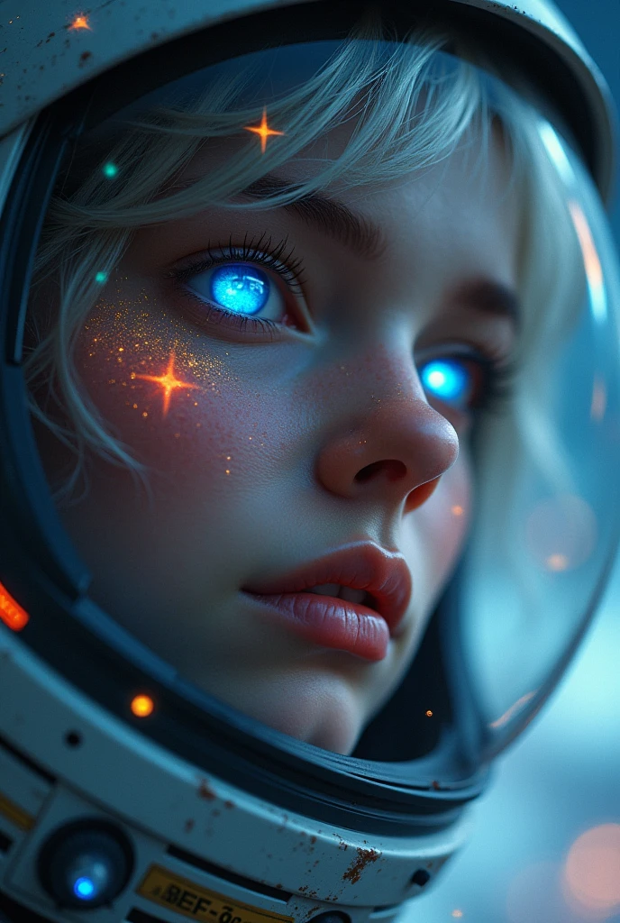 (Close-up of a better masterpiece:1.5)0.9], (Space and astronauts:1.2) (Messy silver hair:1.1) (Heterochromia xanthochromia and blue eyes:1.2) (Space Helmet:1.0) (Colored stars in the eyes:1.0) (A radiant glow:1.1) (thick lips:0.9)